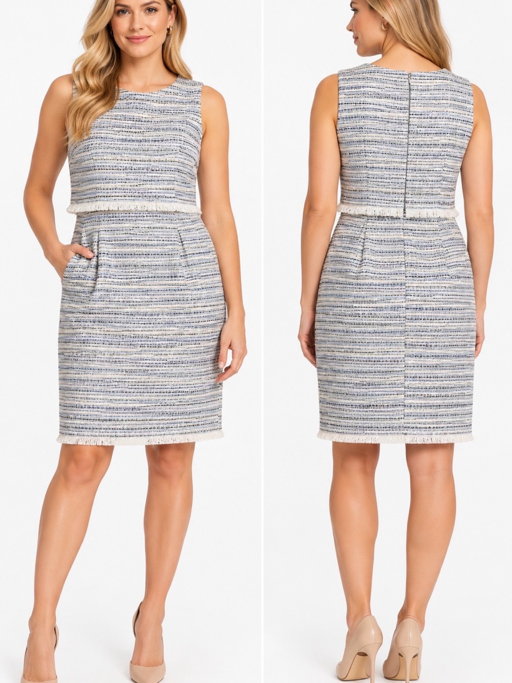 Ann Taylor Factory Blue White Tweed Fringe Sheath Dress Size 16 NWT